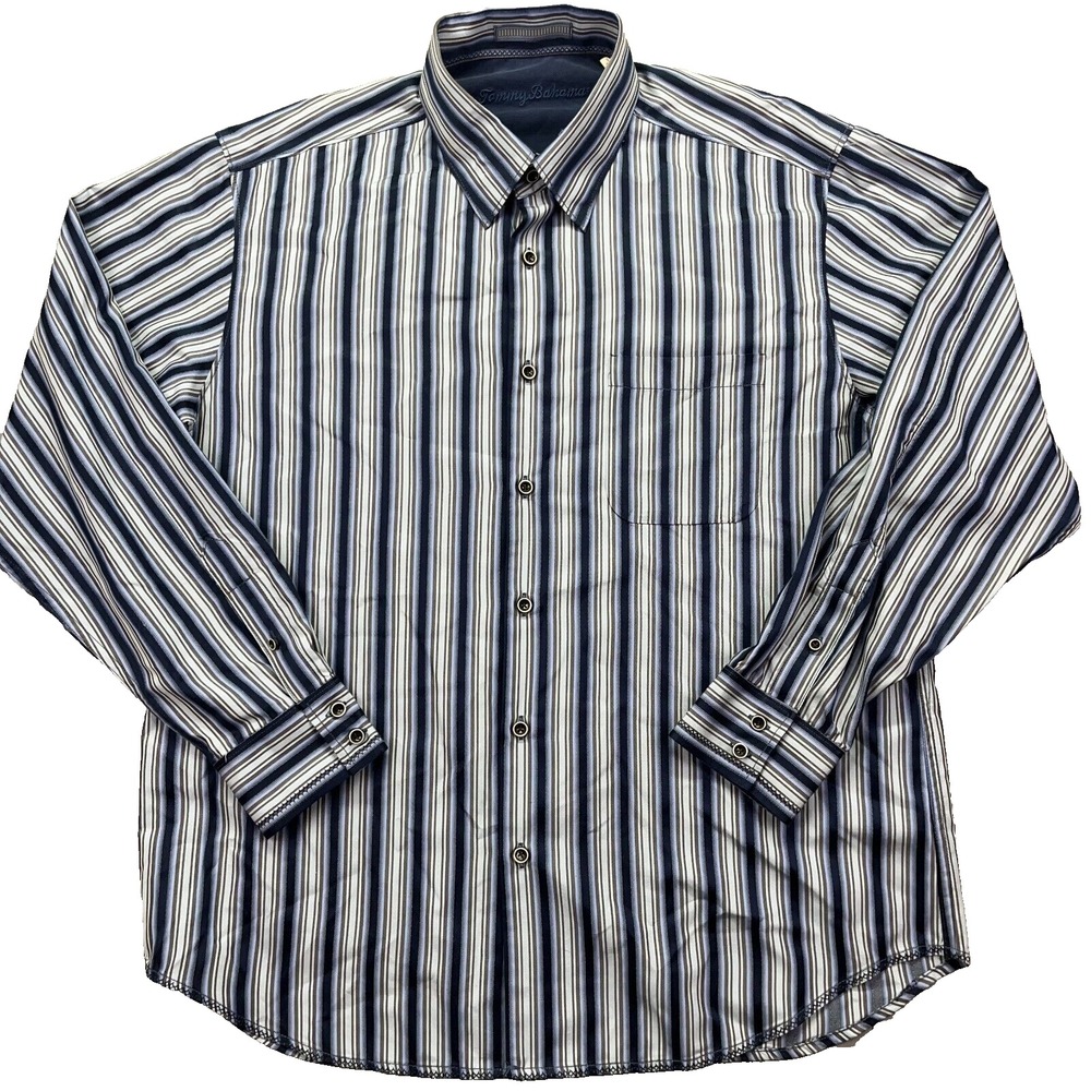 Tommy Bahama Mens Cabo Blue Striped Rail Time Long‎ Sleeve Btn Down Shirt L Silk